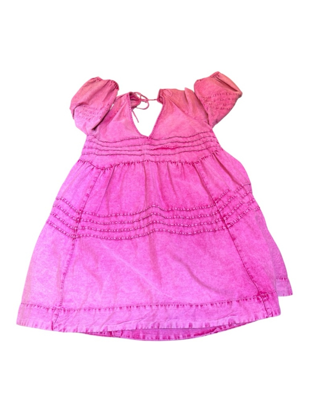 Free People Pink Babydoll Mini Dress Puff Sleeve Boho Acid Wash Size Large - Picture 4 of 11